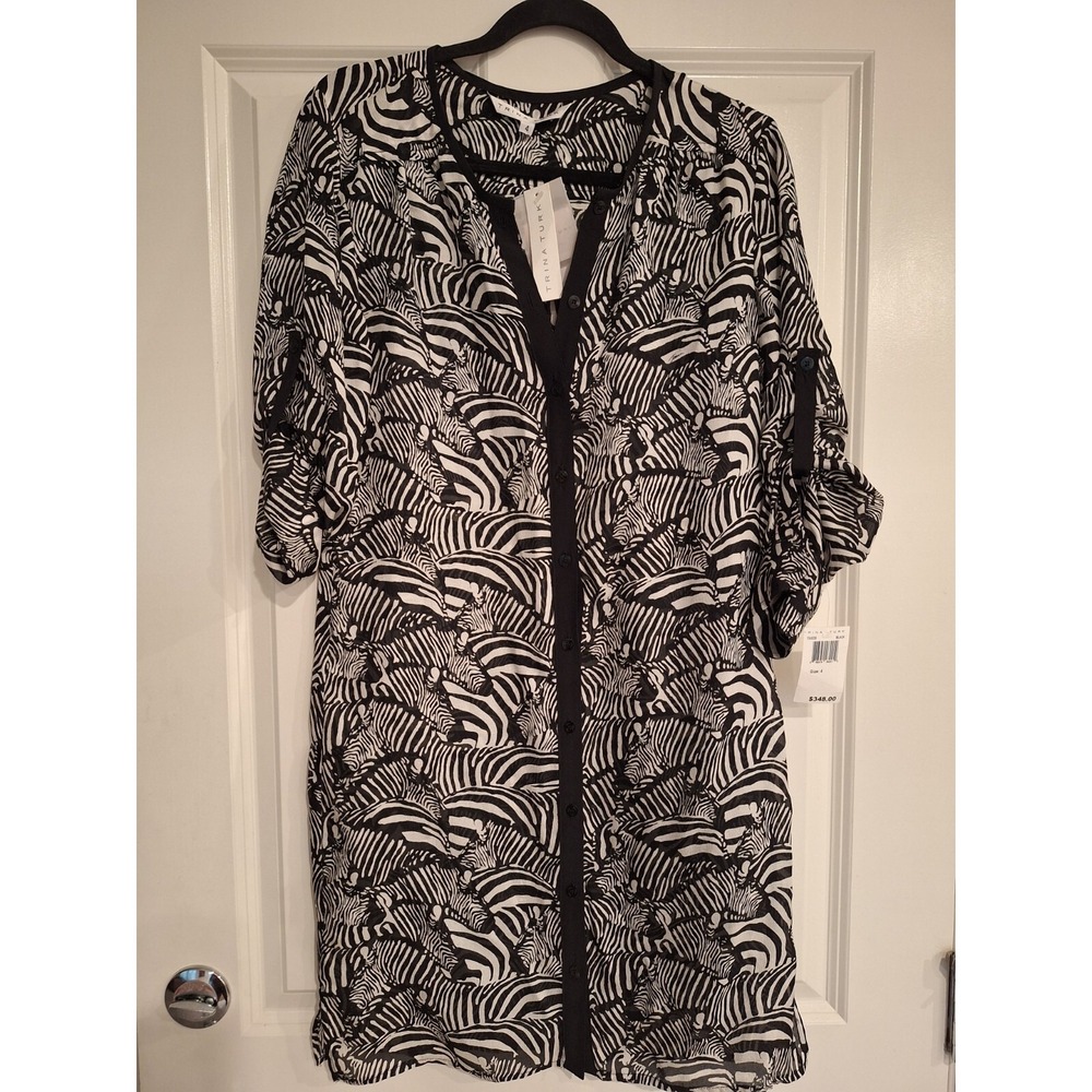 Trina Turk Womens Belted Shirtdress Button-Up Size 4 White & Black Zebra Print
